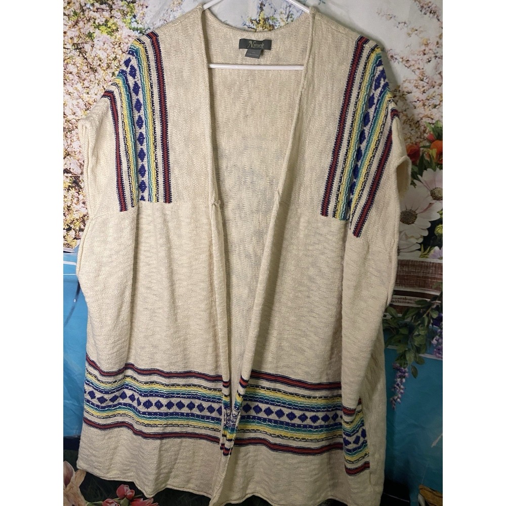 Naturals Open Front Sweater Duster Vest Womens Size L/XL Ivory Stripe Beachy